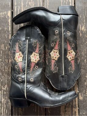 Vintage JB Dillon Western Boots Womens Size 7.5B Leather Black Embroidered